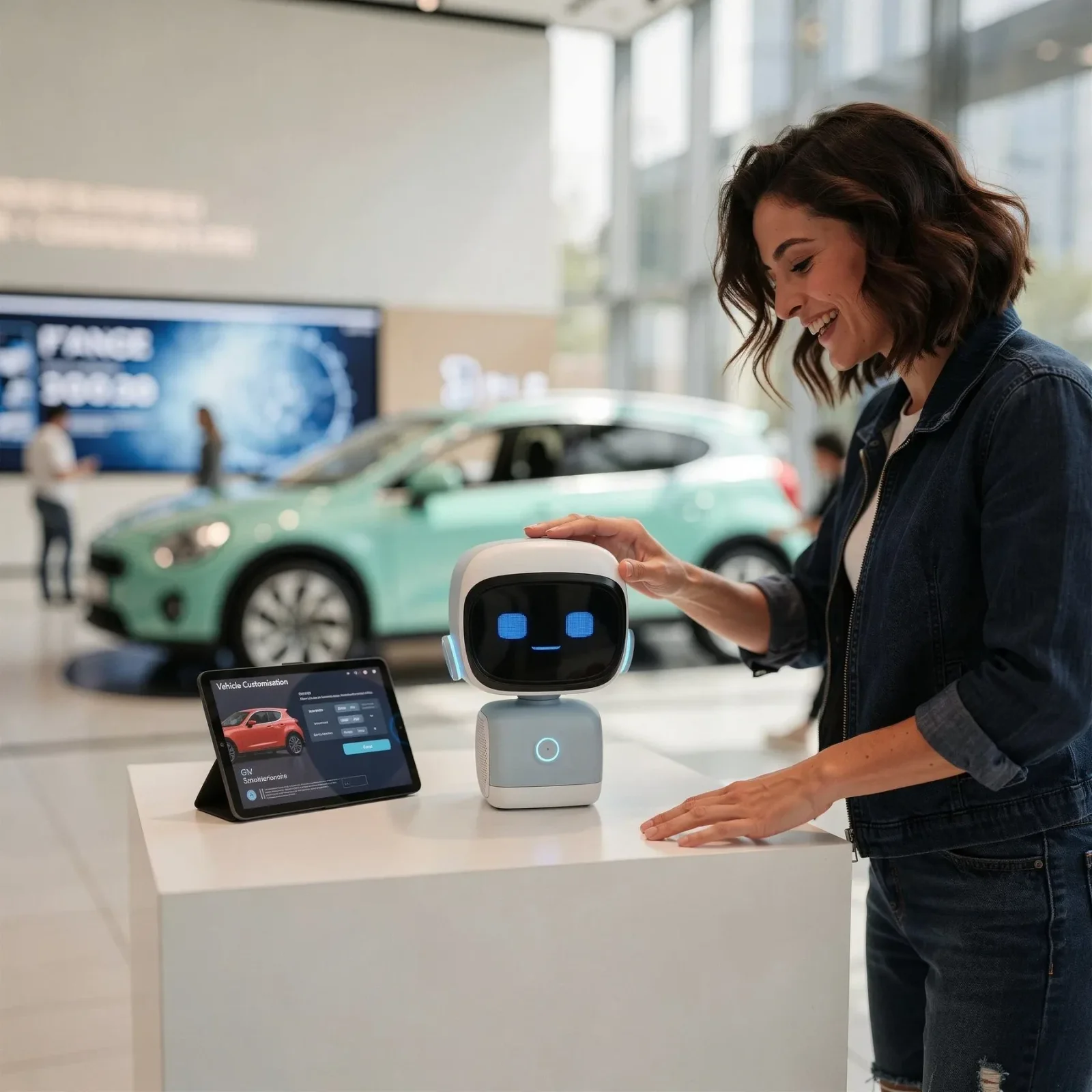 A customer talking with Norby beside a car in a dealership showroom