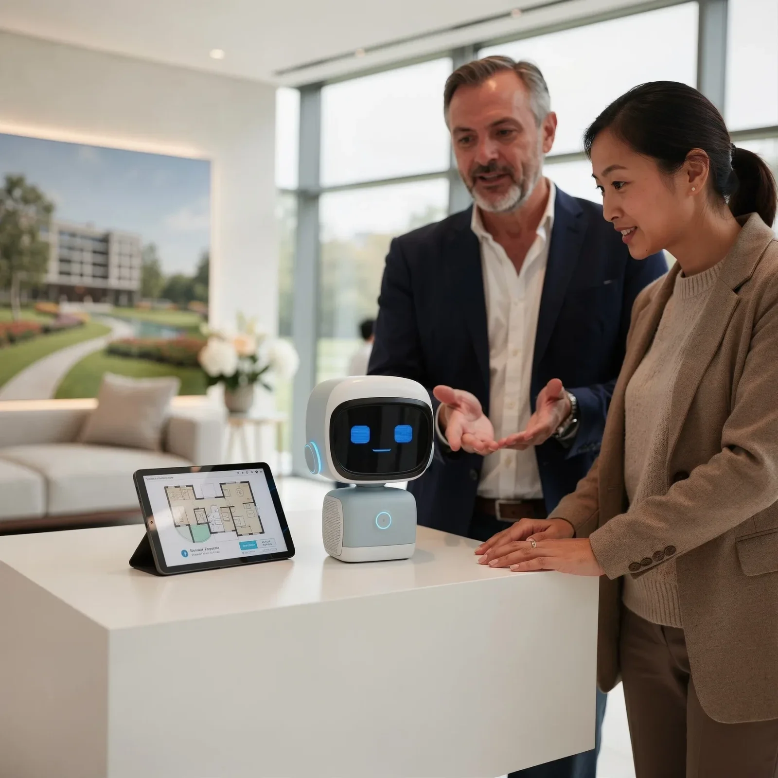 Two people reviewing floorplans with Norby in a property display suite
